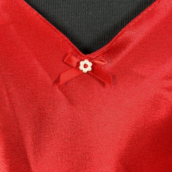 Intimate Affair California Vintage Red Satin Chemise Nightgown Bow w Pearls Sz M - Picture 5 of 15